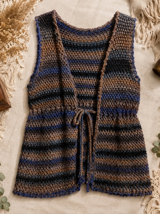 Handmade Jackets & Blazers - Handmade Crochet Wool Blend Boho Tie Front Vest Earth Tone  23 Ptp